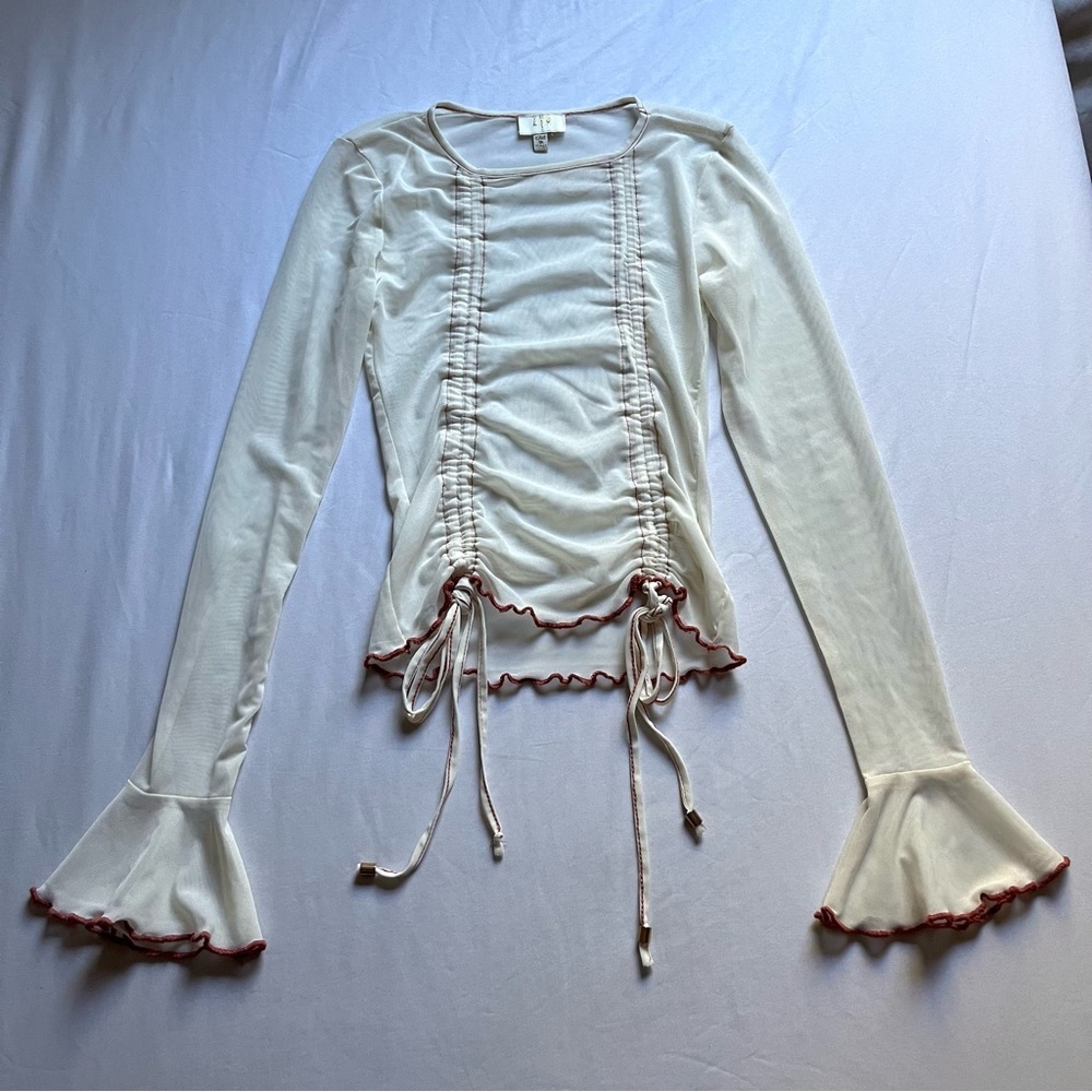 ZYA cream ivory mesh knit ruched tie detail bell long sleeve top